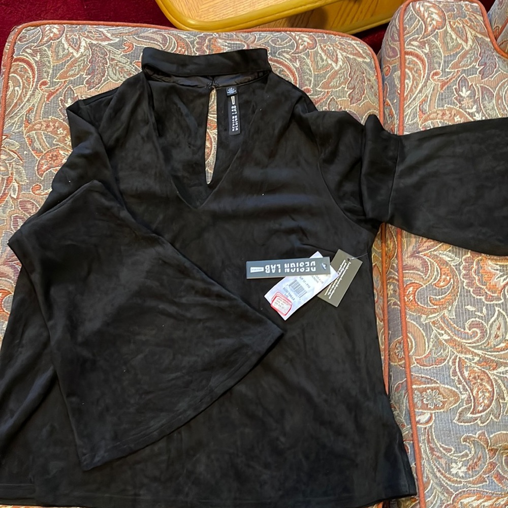 NWT Black faux suede key hole top with bell sleeves.